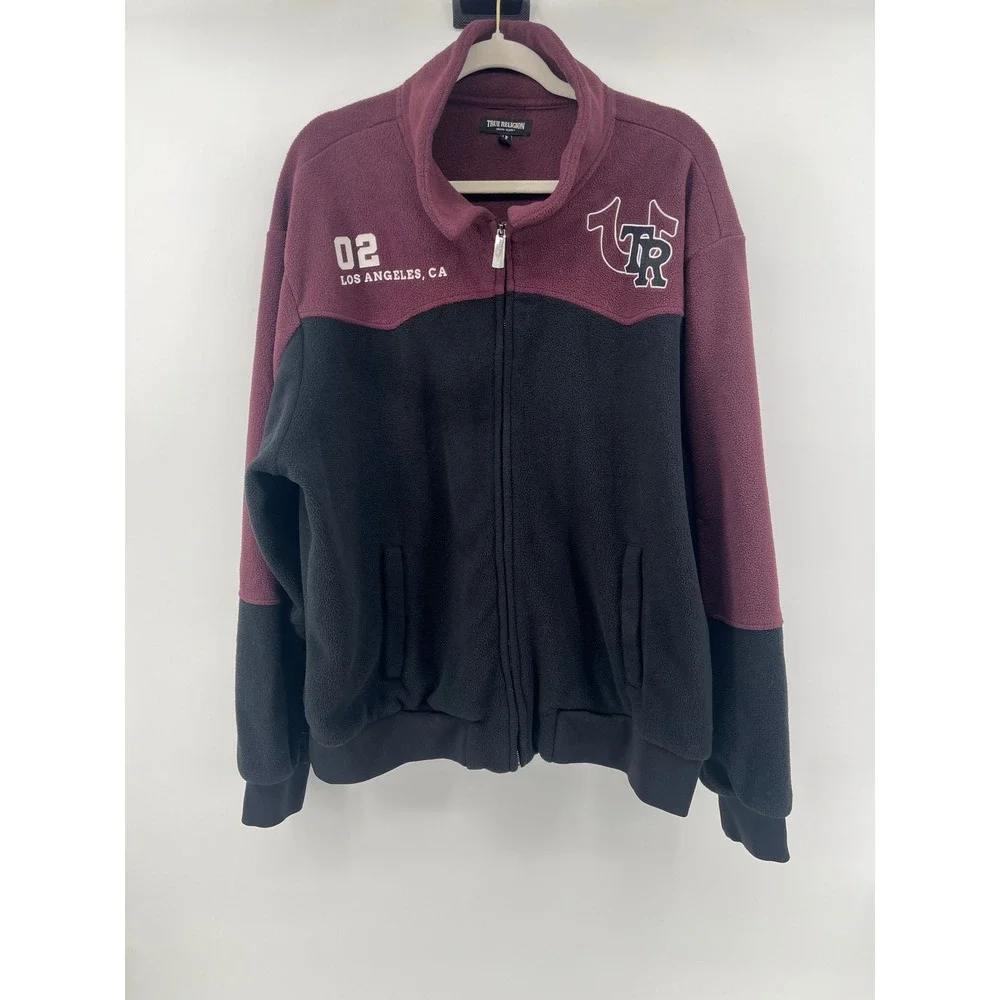 True Religion Mens Fleece Zip Up Jacket Colorblock Burgundy Black XL Los Angeles